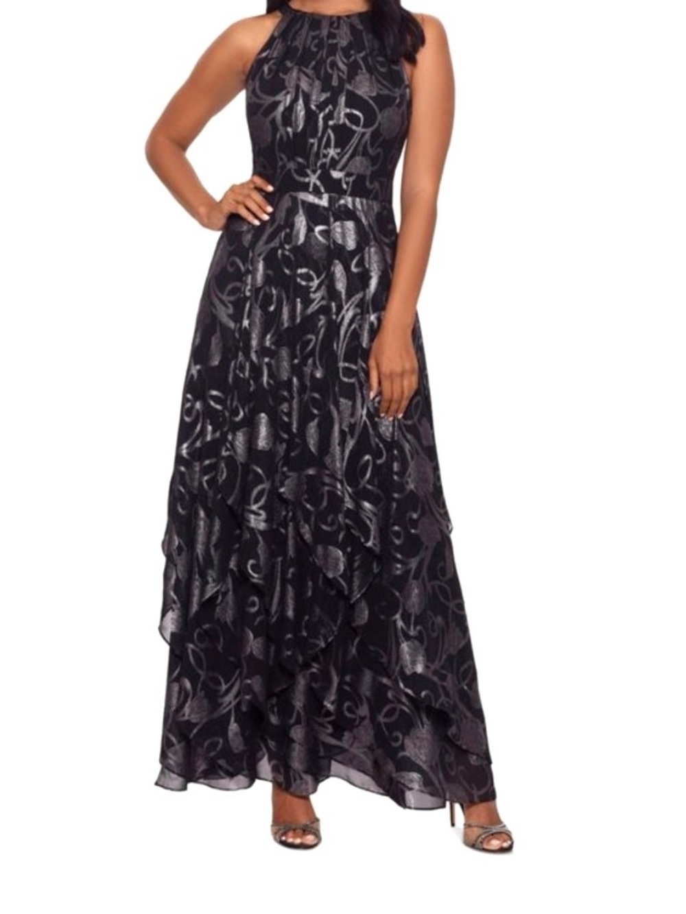 Betsey Adams Gown sz 12 Black Silver Metallic Floral Halter whimsigoth cocktail